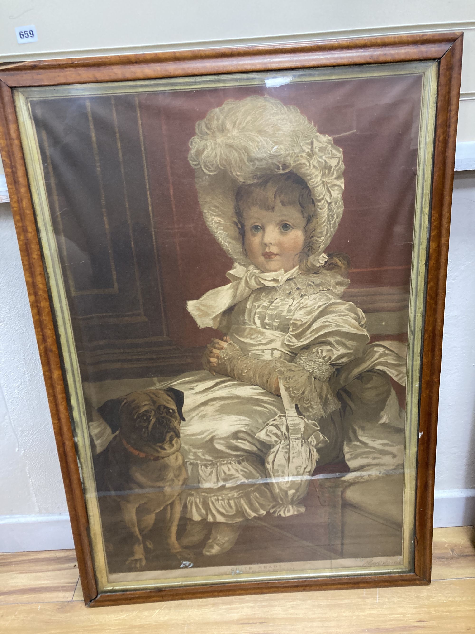 Phil R. Morris, chromolithograph, Quite Ready - child and pug dog, 93 x 59cm, maple framed